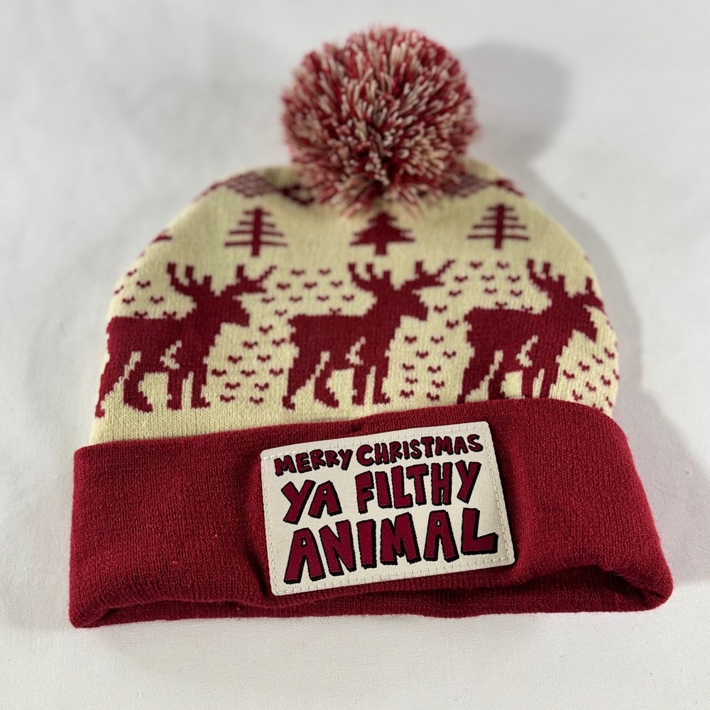 Home Alone Beanie Hat Unisex Red Cream Acrylic Reindeer Ya Filthy Animal Pom Pom